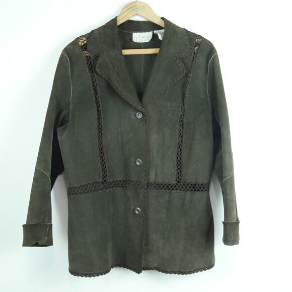 Vintage Large Suede Jacket Patchwork Crochet Brown Western Romance Boho 90s Y2K - Picture 1 of 10